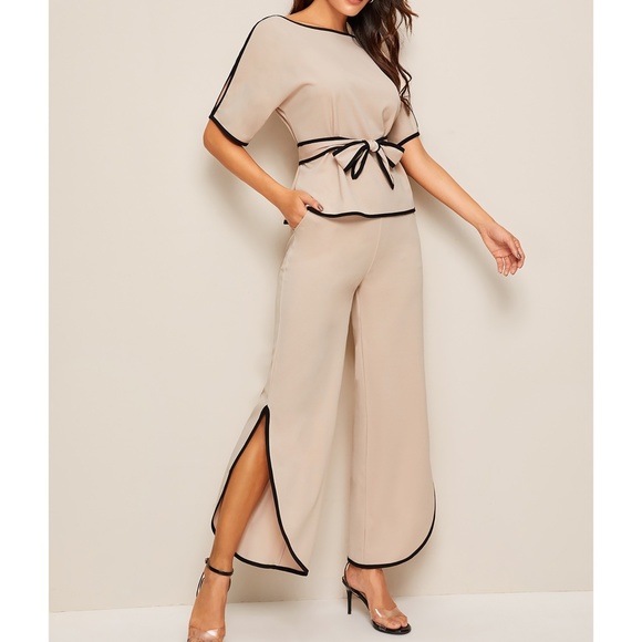 Nude Black Trim Belted Top Side Split Pants Set - Picture 5 of 6